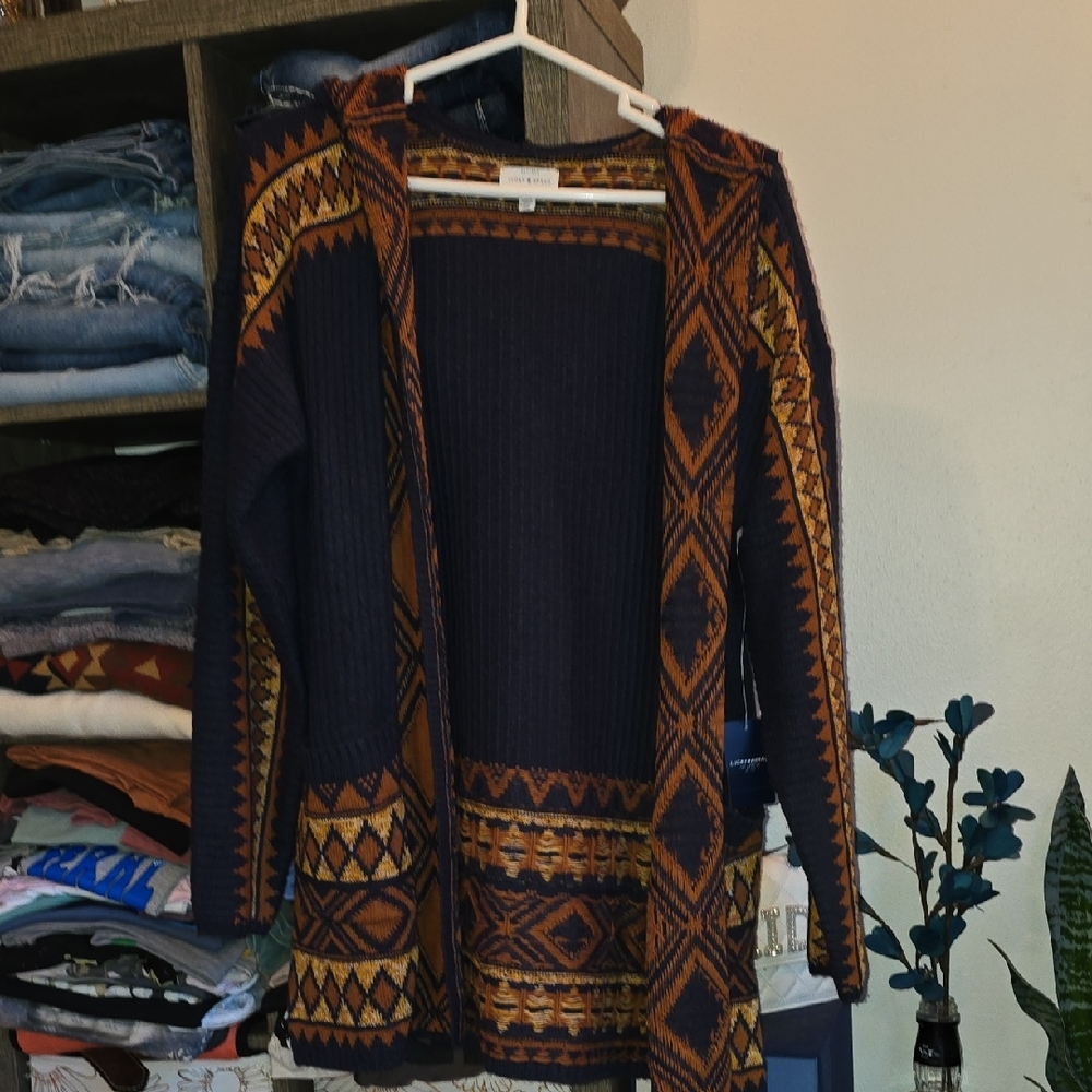 Lucky Brand Navy Blue Tribal Pattern Open Cardigan With Hood